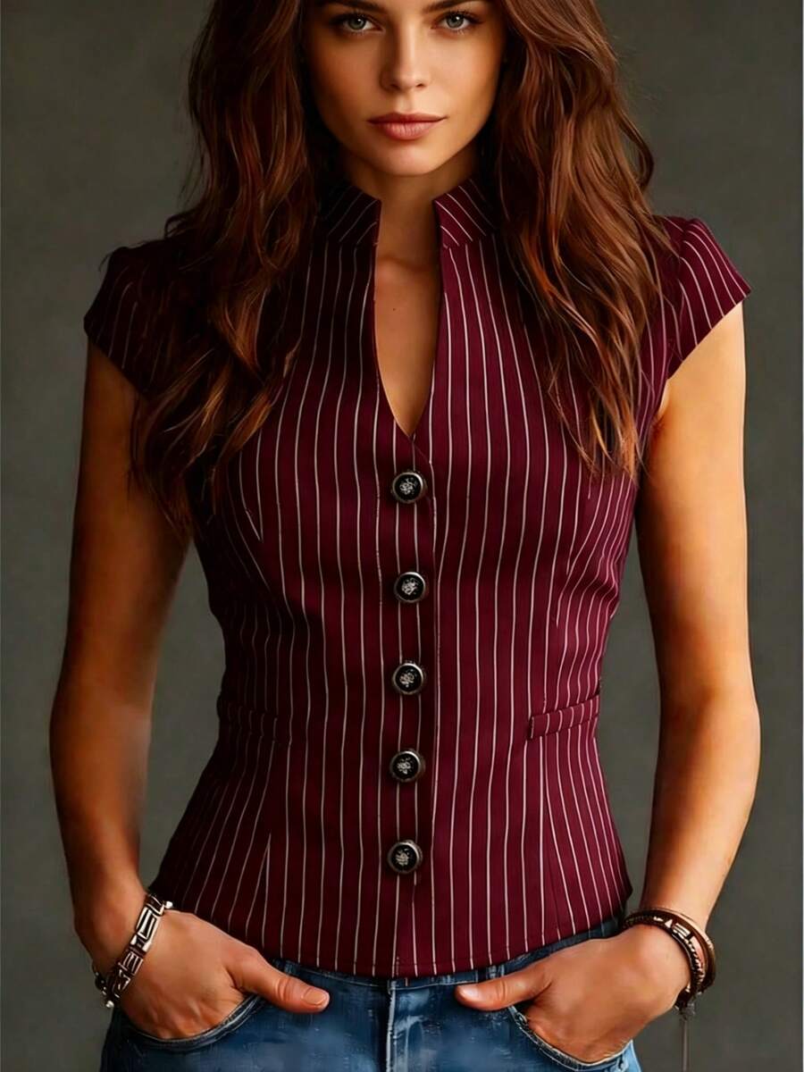 Women's Casual Striped Button-Front Shirt, Suitable For Office Wear In Summer - Burgundy - View 1