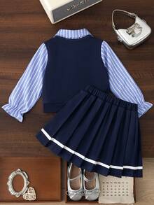 BASUSARRI Academy Style Back To School Season Collared Striped Half-Button Top Pleated Skirt Autumn/Winter Long Sleeve Girls Blouse Set Skirt Set - Blue - View 3