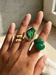 3pcs Water Drop Asymmetrical Green Textured Resin & Gold Metal Rings Set, Classic Old Money Style Elegant Sophisticated Women's Rings For Daily Wear, Party, Music Festival, Street Style, Beach, Vacation, Bikini - Water Drop - View 4