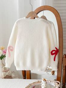 Girls Cute Colorful Bow V-Neck Knitted Cardigan Sweater, Suitable For Daily Casual Wear, Vacation, Spring, Autumn, Winter - Apricot - View 2