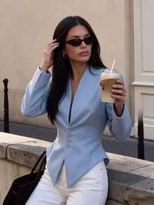 Women Collarless Deep V‑Neck Blazer Jacket, Single Breasted Fitted Sharp Pointed Hem Suit Coat - Blue - View 4
