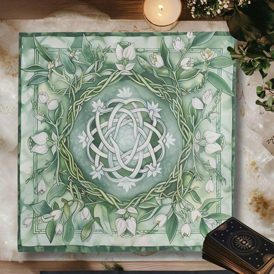 1PC Vintage Green Floral Celtic Tarot Cloth, Square Wiccan Altar Table Mat, Bohemian Wall Hanging Tapestry, Multipurpose Spiritual Divination Decor, Celtic Altar Cloth, Mat & Wall Hanging Tapestry, Witchy Spiritual Oracle Card Reading Mat Home Decor - Multicolor - View 1