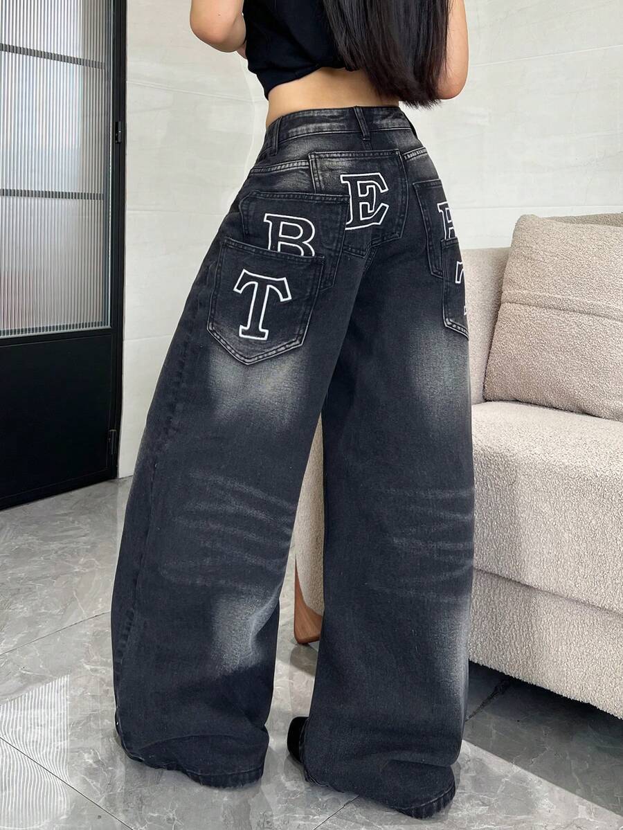 1pc Women's Fashionable Casual Loose Fit Embroidered Multi-Pocket Black Denim Wide Leg Jeans, Versatile For All Seasons (Belt/Accessories Not Included) - Black - View 1