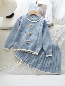 bearleader 2pcs/Set Girls Winter Cute Floral Long Sleeve Knit Pullover Sweater Top + Skirt, 2-7 Years Old - Blue - View 3