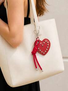 Retro Punk Style Heart-Shaped Rivet Keychain,Featuring A Heart-Shaped Metal Hook And Knotted Tassel Rope Design,Pu Leather Pendant,Charm Bag Accessory - Multicolor - View 7