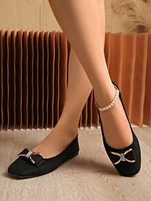 2026 Autumn/Winter New Women's Square Toe Flat Metal Rhinestone Bow Decor Suede Minimalist Loafers - Black - View 1