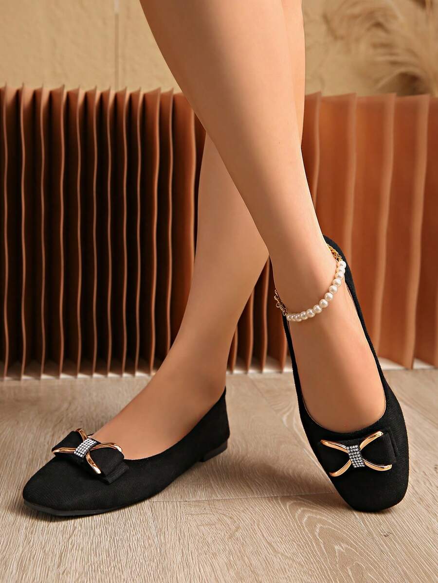 2026 Autumn/Winter New Women's Square Toe Flat Metal Rhinestone Bow Decor Suede Minimalist Loafers - Black - View 1