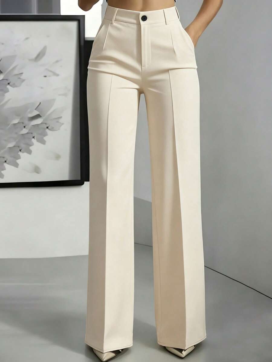Solid Color Button Zipper Pocket Press Crease Elegant Pants Spring - Apricot-1 - View 1