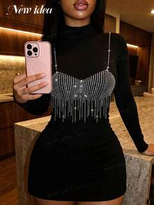 NEW IDEA Women's Sexy Edgy Black Fall Winter Short Dress, Mock Neck Long Sleeve Rhinestone Fringe Bodycon Dress For Night Out, Club, Cocktail & Party - Black - View 3