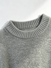 Women's Loose Drop Shoulder Round Neck Knit Sweater, Long Sleeve Solid Grey Oversized Casual Everyday Pullover - Grey - View 5