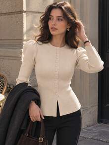 Knit Cardigan For Women Beige Sweaters Female Button Up Knitted Going Out Tops Fall Puff Long Sleeve Outfit Woman Causal Knitting Sweater - Beige - View 1