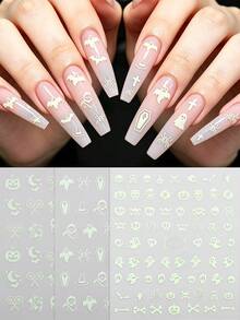 Beauty Sticker 3Pcs Halloween Luminous Nail Sticker, Autumn Ghosts Pumpkins Spiders Glow-In-The-Dark Self-Adhesive Nail Decal, Perfect For Women's Halloween Party And Cosplay DIY Nail Art. - Multicolor - View 2