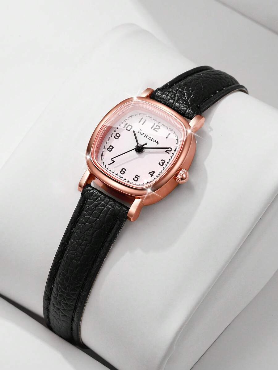 Minimalist Vintage Style Women's Wristwatch, Rose Gold Small Square Case With Brown Leather Strap, Clear Number Dial, Versatile Quartz Watch For Daily Wear, Gift For Girlfriend (1pc/Set), Watch Box Not Included - Black - View 1