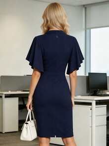 HOMEYEE Women's Elegant V-Neck Cutout Solid Color Ruffle Sleeve Bodycon Dress, Fashion Commuter Style Summer - Navy Blue - View 3