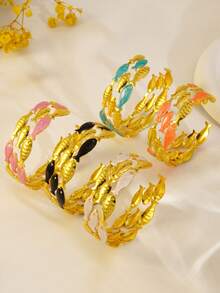 VceTd 1 buah Gelang Bangle Terbuka Stainless Steel Desain Ikan Enamel Warna-warni Gaya Lucu untuk Wanita, Cocok untuk Pernikahan, Perjalanan atau Hadiah Hari Valentine untuk Orang Tercinta - Yellow Gold - View 10