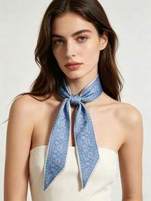 Moemton Women's Office Soft Style Gray-Blue And White Paisley Pattern Silk Skinny Scarf, Soft Accessory For Shirts And Blazers, Daily Neck Wear - Baby Blue - View 3