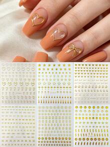 6pcs Gold Luxury Metal Minimalist Nail Art Stickers, Multiple Heart Star Bowknot Shell Cross Flower Self-Adhesive Nail Decals, Minimalist Metallic Texture DIY Nail Decoration - Multicolor - View 2