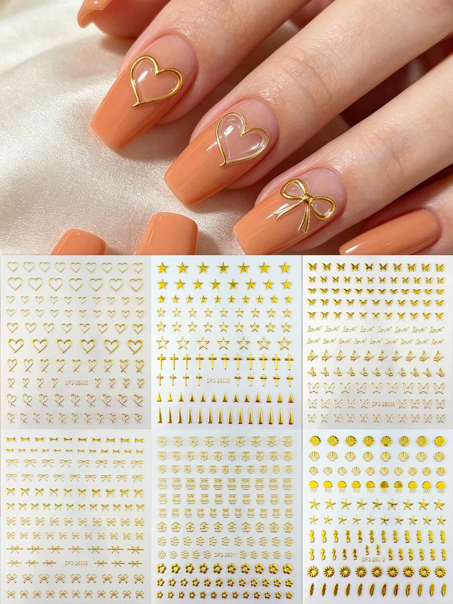 6pcs Gold Luxury Metal Minimalist Nail Art Stickers, Multiple Heart Star Bowknot Shell Cross Flower Self-Adhesive Nail Decals, Minimalist Metallic Texture DIY Nail Decoration