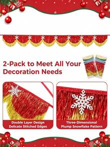 2Pcs Red Gold Scalloped Layered Fringe Banner,Christmas Decorations For Home,6.5 Ft Christmas Wavy Tinsel Fringe With Snowflake Decor For Fireplace Mantel, Window, Tree, Holiday & Birthday Party Home Decoration - View 7