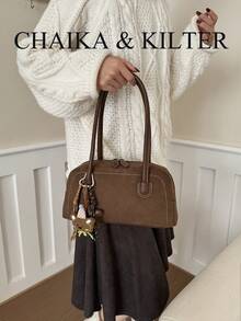 CHAIKA & KILTER 1件裝純色麂皮布料女款復古時尚啞光保齡球包，對比色絎縫縫線，雙手柄設計，拉鍊開合，適合日常與街頭穿搭 - 咖啡 - 查看 6