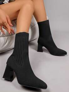 2026 New Elegant Fashion Chunky Heel Pointed Toe Boots, Elastic Slim Fit Sock Boots, High Heel Ankle Boots, - Black - View 4