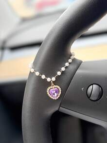 1pc Rhinestone Heart Pearl Chain Car Steering Wheel Hanging Decoration, Car Interior Decor Accessory, Car Ornament - A - View 5