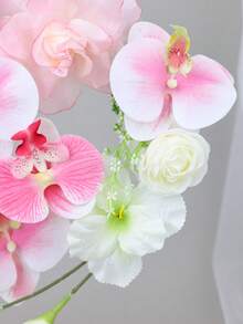 1pc Artificial Pink Orchid & White Rose Hand Flower Ring Faux Floral Bouquet Bridal Wedding Ceremony Photo Props - Pink - View 6
