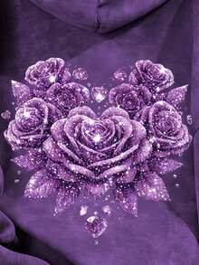 Plus Size Women's Thin Washed Hooded Sweatshirt With Rose Print, Casual Fashion Sweatshirt With Pockets, Autumn/Winter Sweatshirt, Summer - Purple - View 4