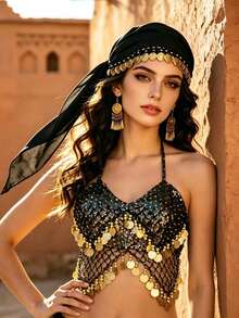 Exotic Style Coin Turban Head Wrap Mesh Coin Charm Chest Ornament For Nightclub Themed Event Dance Styling Decor Accessories Multiple Colors Available - Multicolor - View 16