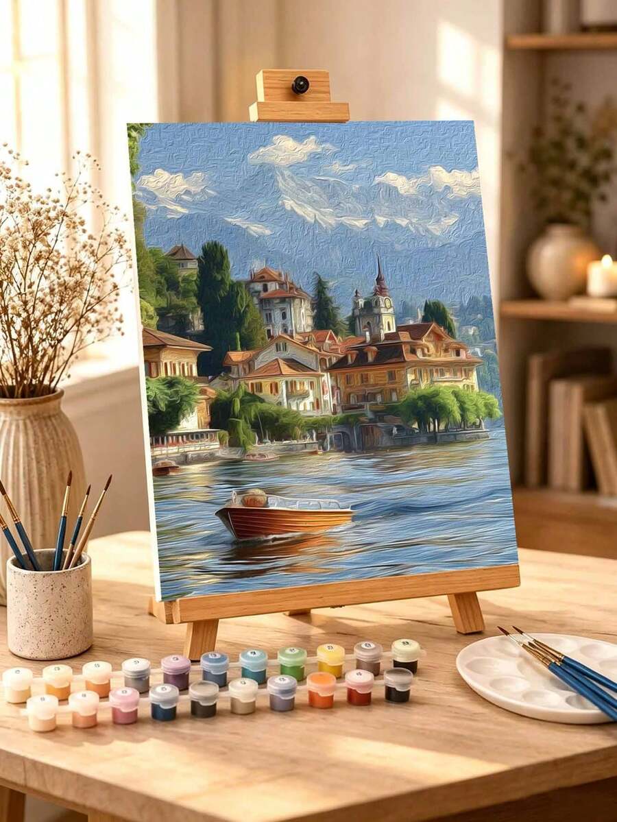 DIY Swiss Alpine Village Lake Scenery (Frameless Or Framed 8x12 / 16x20 Inches) Paint By Numbers Kit(Acrylic) Arts & Crafts For Adult Beginners, Home Wall Decor, And Holiday Gifts For Art Lovers And Relaxing Hobbies - Sets - View 1