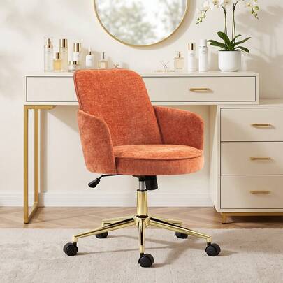 Silla de oficina tapizada con ruedas, silla de escritorio giratoria moderna de tela con base dorada, silla de oficina ajustable en altura con brazos, cómoda silla de maquillaje, taburete de tocador con ruedas para dormitorio, sala de estar, oficina en casa, estudio.