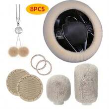8PCS Winter Plush Car Steering Wheel Cover, Comfortable & Warm, Bling Bling Style Plush Pendant, Gear Shift Cover Protective Sleeve, Cup Holder Mat Combination, Multiple Colors Available - Multicolor - View 7