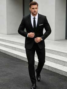 Men's 2 Pieces Elegant Solid Color Single-Breasted Long Sleeve Slim Fit Blazer And Tie, Suitable For Party, Wedding, Business, Ball, Old Money Style - Black - View 1
