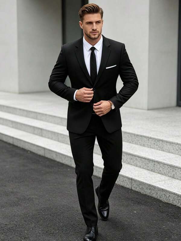 Men's 2-Piece Suit Set, Elegant Solid Color Single-Breasted Long Sleeve Slim Fit Blazer And Tie Set, Suitable For Party, Wedding, Business, Ball, Old Money Style