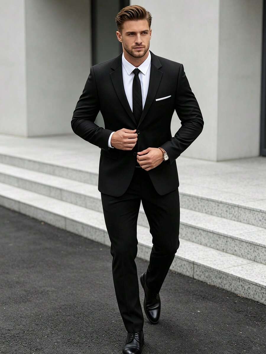 Men's 2 Pieces Elegant Solid Color Single-Breasted Long Sleeve Slim Fit Blazer And Tie, Suitable For Party, Wedding, Business, Ball, Old Money Style - Black - View 1