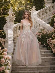 YOUKEFEIER Elegant Cold Shoulder Deep V-Neck Lace Embroidered Sexy Long Wedding Dress, Suitable For Outdoor And Indoor Weddings And Banquets - Beige - View 2