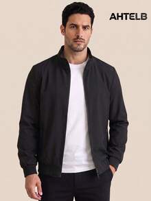 AHTELB Men's Spring/Autumn Stand Collar Jacket, Solid Color Minimalist Zipper Jacket, Basic Daily Sports Black Jacket - Black - View 1