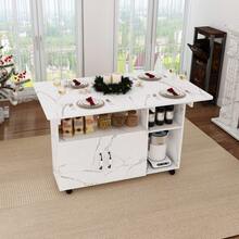 110x70x80 Cm Rectangular Folding Mobile Dining Table / Multifunctional Kitchen Island In Modern Style / With 5 Shelves And 5 Swivel Casters (4 Lockable) / Space-Saving / For Kitchen, Apartment, Office, Student Residence - White - View 1