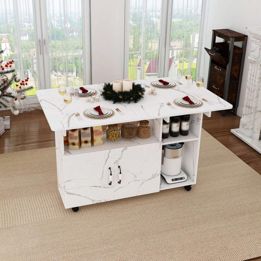 110x70x80 Cm Rectangular Folding Mobile Dining Table / Multifunctional Kitchen Island In Modern Style / With 5 Shelves And 5 Swivel Casters (4 Lockable) / Space-Saving / For Kitchen, Apartment, Office, Student Residence - White - View 1