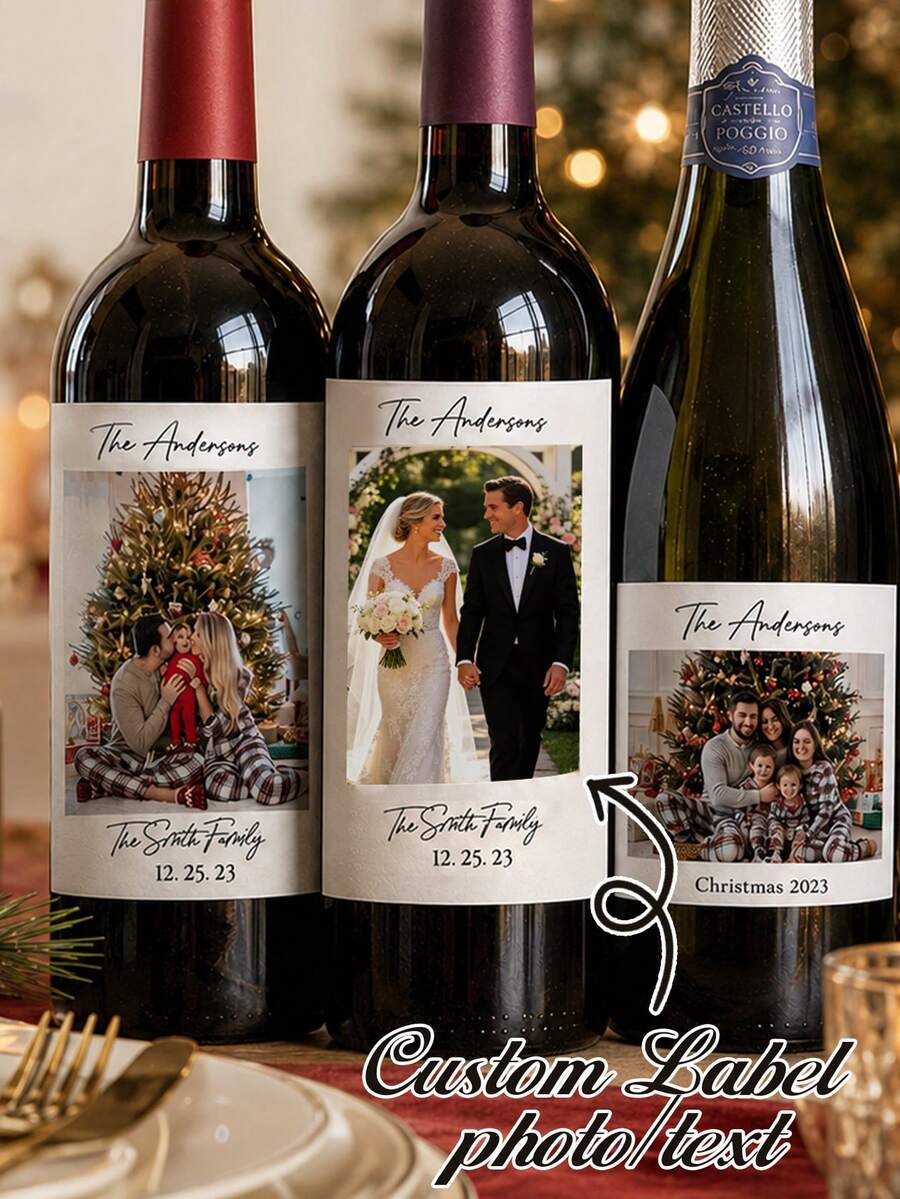 Label Botol Anggur Natal Kustom, Stiker Hadiah Foto & Teks yang Dipersonalisasi untuk Dekorasi Pesta Liburan, Label Botol Meriah untuk Makan Malam Natal, Label Anggur Keluarga dengan Gambar yang Disesuaikan, Label Hadiah Musiman yang Dapat Disesuaikan, Ide Hadiah Natal, Hadiah Keluarga - Gaya A - View 1