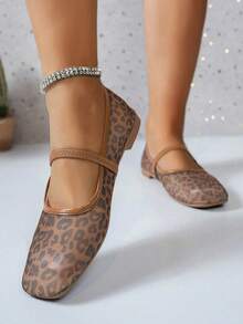 Square Toe Mesh Leopard Print Women's Flat Shoes, Fashionable Comfortable Breathable Mary Jane Ballet Flats, Daily Commute Slip-On Loafers, Summer Mesh Shoes - Leopard Print - View 4