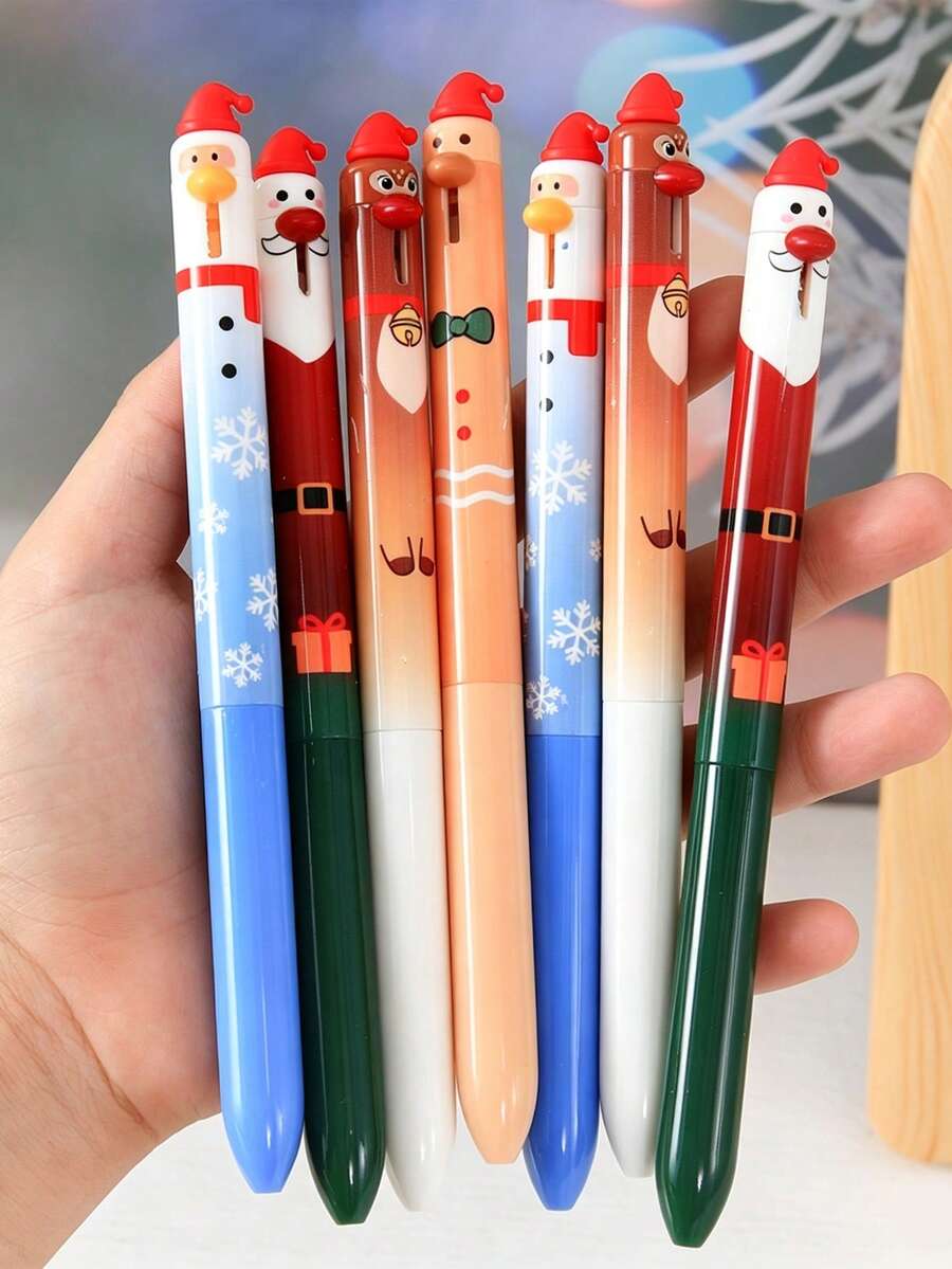 12/4pcs Cartoon Theme Christmas Erasable Press-Type Gel Pens, Student Stationery, 0.5mm Blue Ink, Retractable Ballpoint Pens, Practice & Exam Pens, Christmas Gift, Suitable For Writing Christmas Cards
