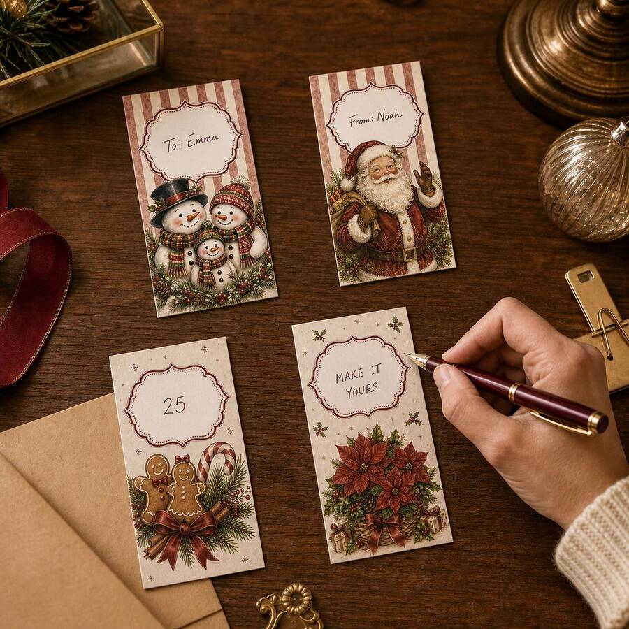 25/5 Pcs Christmas Gift Tags & Place Cards Set - Festive Xmas Paper Hang Tags For Holiday Present Wrapping, Advent Calendar DIY Craft Decor, Table Seating Cards, Stocking Stuffers &Winter Party Supplies - A - View 1