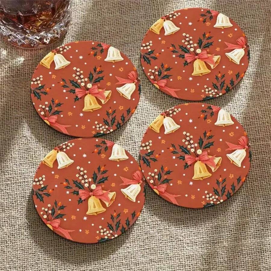 4pcs 2D Flat Christmas Wooden Coasters, Coffee Mats, Tabletop Protection Pads, Restaurant Table Decor, Home Decor, Coaster Set, Holiday Decorations, Holiday Gift - Multicolor - View 1