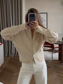 GLAMSKIN Women's Zip Up Knit Cardigan, Stand Collar Long Sleeve Loose Fit Sweater Jacket,Casual Ribbed Hem Knitted Outerwear For Fall Winter - Apricot - View 5