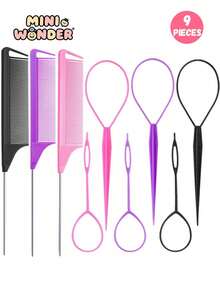 9pcs Kids Professional Hair Styling Tool Set, Colorful Steel Tail Comb, Hair Parting & Highlighting Comb, Slouchy Hair Pulling & Styling Tool, Home & Salon High Crown Updo, Bun, Ponytail, Bangs Styling Hair Care Kit - Multicolor - View 7