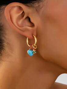 1 Pair Elegant Heart-Shaped Earrings With Detachable Ear Clips, Gentle Elegant, Suitable For Women's Banquet, Party And Daily Wear - Blue - View 3