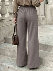 Solid Color Vertical Stripe Decor Regular High Waist Slim Fit Long Pants, Suitable For Spring/Summer, Appropriate For Office, Date And Daily Wear - Grey-brown - View 6