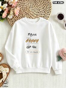 Kids Casual Cute Round Neck Long Sleeve Sweatshirt, Loose Fit Breathable Top With Cartoon Bread Fish Print & Letters, White Spring Autumn Daily Wear - White - View 2