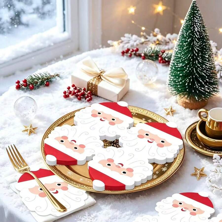 20 Disposable Christmas Paper Napkins, Cute Christmas Dinner Napkins, Santa Claus, Christmas Tree, Gift Box And Stocking Prints, Decorative Paper Napkins For Table Decorations, Christmas Party Supplies. - View 1